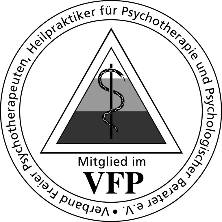 Logo des VFP mit Caduceus und einem Dreieck in Schwarz-Weiß.