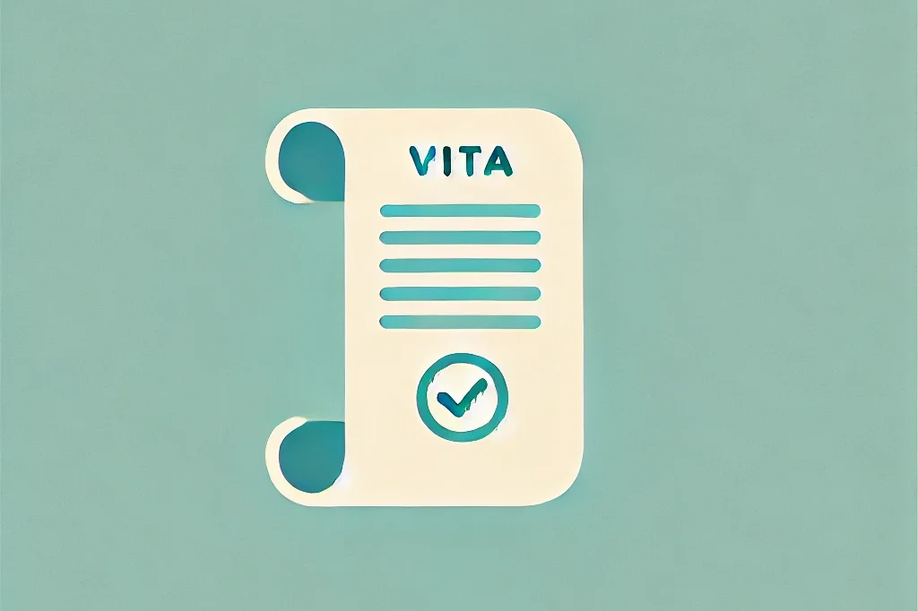 Vita-Plan mit Häkchen, auf einem mintgrünen Hintergrund. Info zu Janet Storm und Christian Merlin